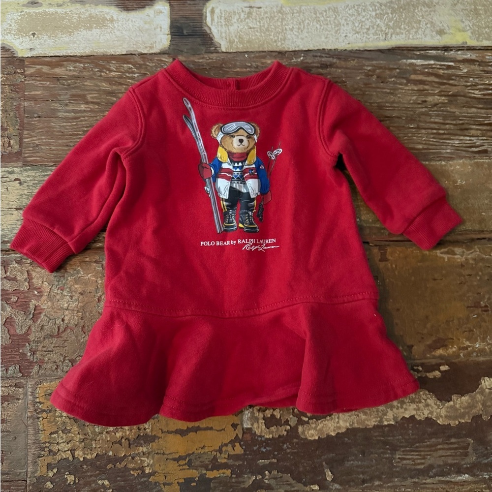 Ralph Lauren Polo Bear Sweater Ski Dress Red Baby Girl Infant | Size 3 Months
